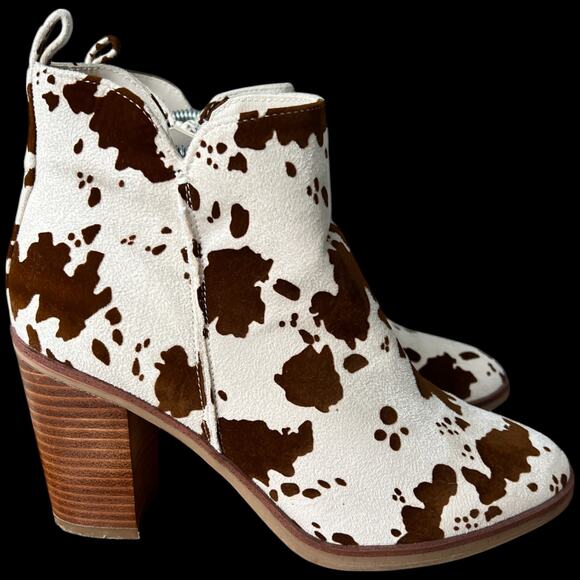 MIA Women's Size 6.5 Ivory Brown Cow Print Ankle Boots Heeled Western Boots - Picture 6 of 14